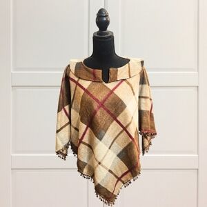 Plaid Poncho Shawl Beaded Fringe Cozy Fall Winter Wrap One Size